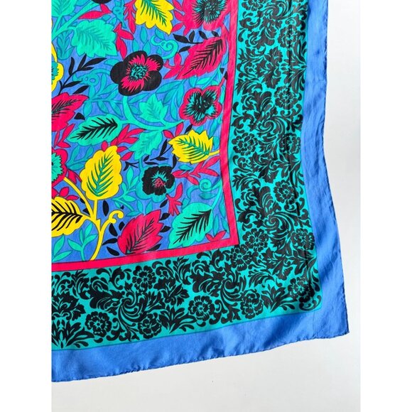 Vintage Unbranded Blue Green Tropical Floral Silk Habotai 31" x 31" Square Scarf - Picture 7 of 14